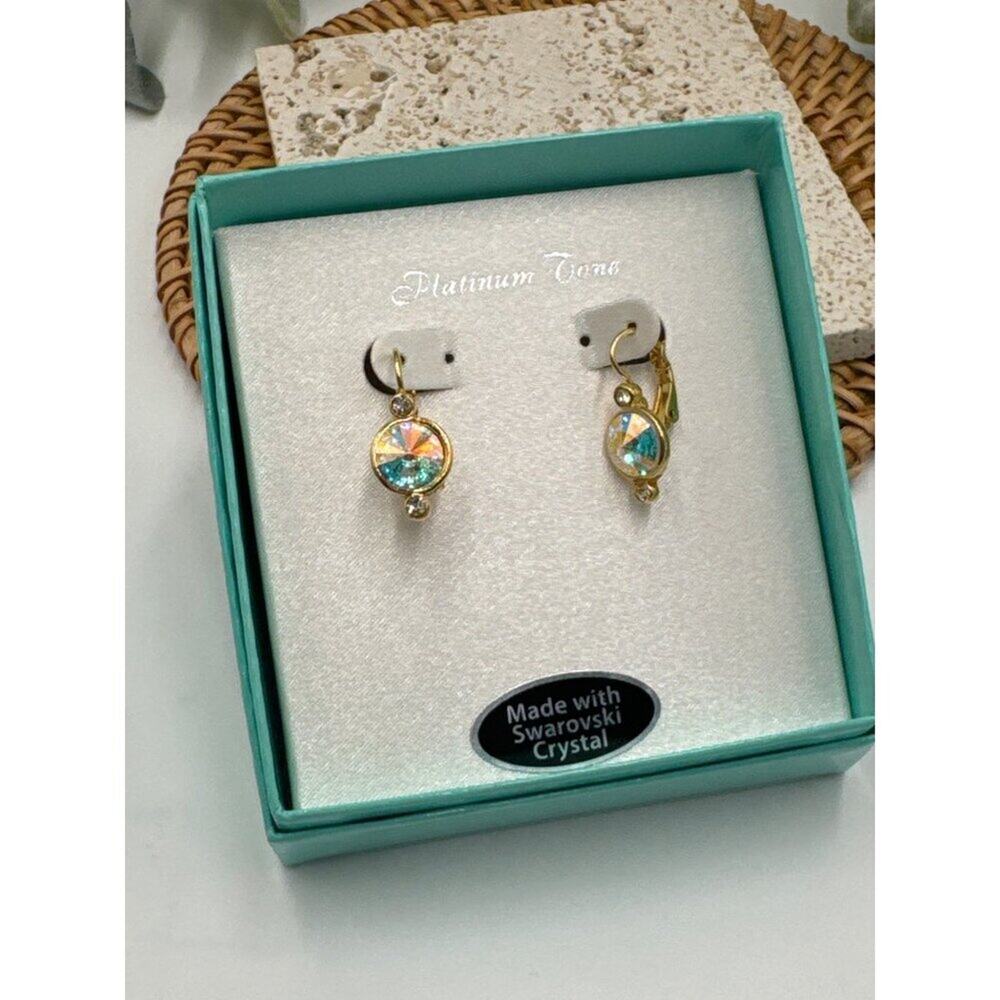 Swarovsk Iridescent Dangle Earrings Goldtone Leverback Crystal New in Box